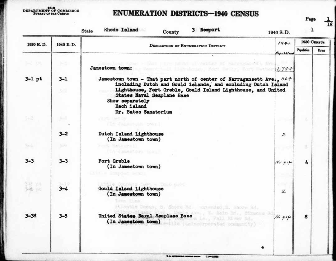 1940 Dutch Island Lighthouse Census